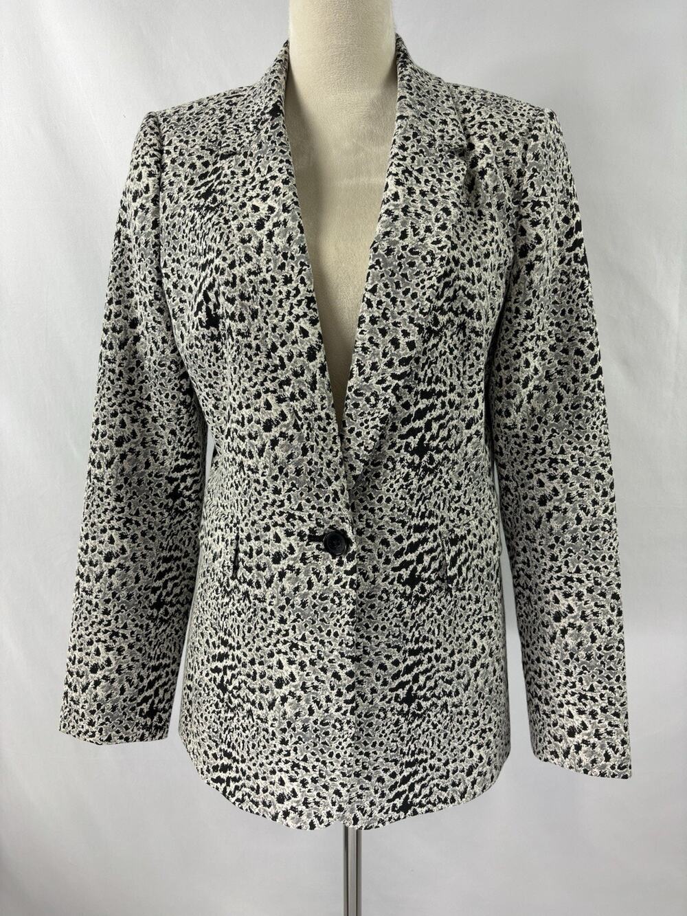 DKNY Blazer Jacket Grey Black Cream Animal Print 10 Single Breasted Pockets